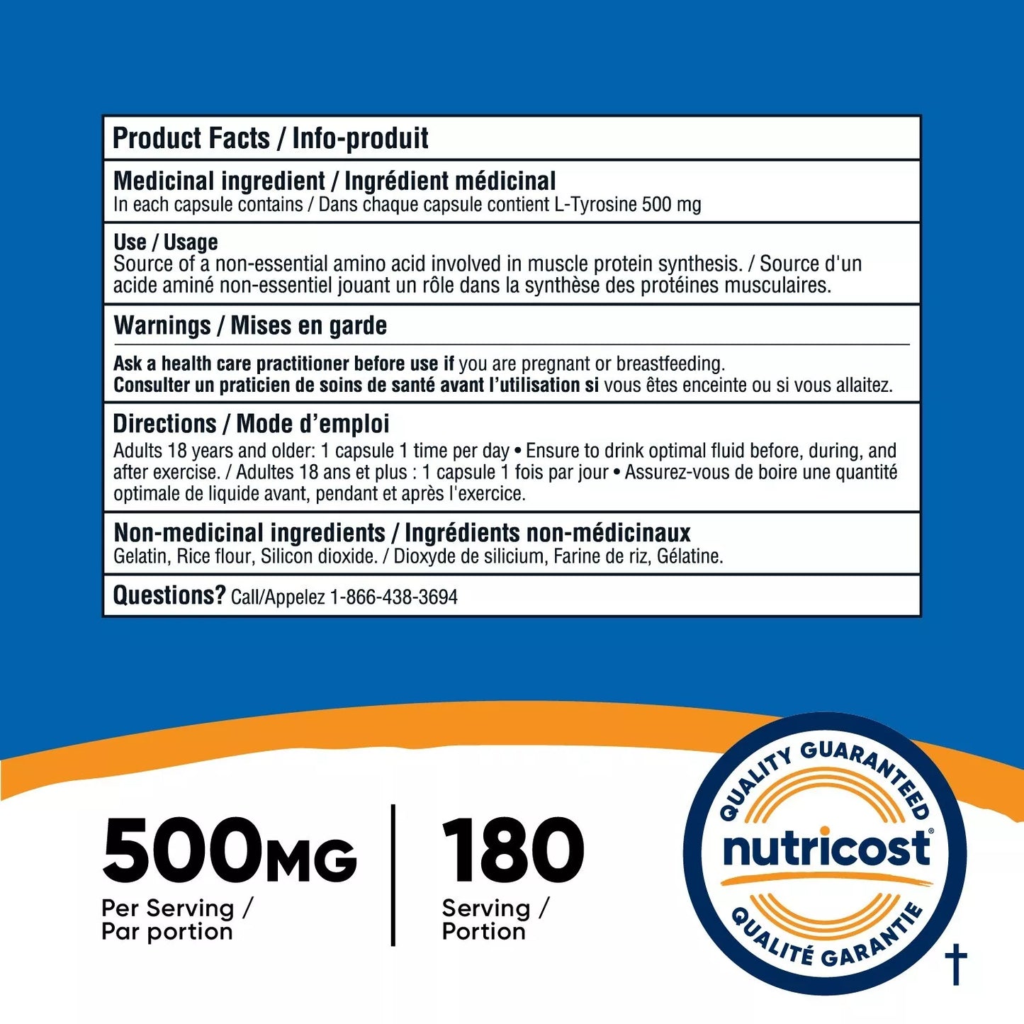 Nutricost L-Tyrozyna 500mg – 180 kapsułek | Kuracja na 6 miesięcy | Bez GMO i bezglutenowy