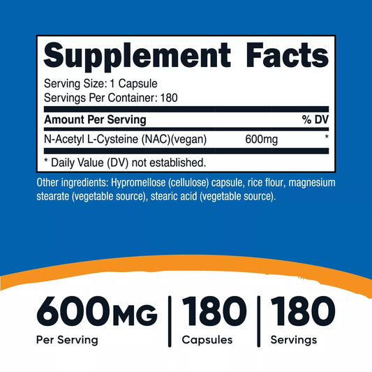 Nutricost NAC 600 mg – stable form of the amino acid L-cysteine. 180 vegetarian capsules, GMO and gluten free. Product from the USA, laboratory tested.