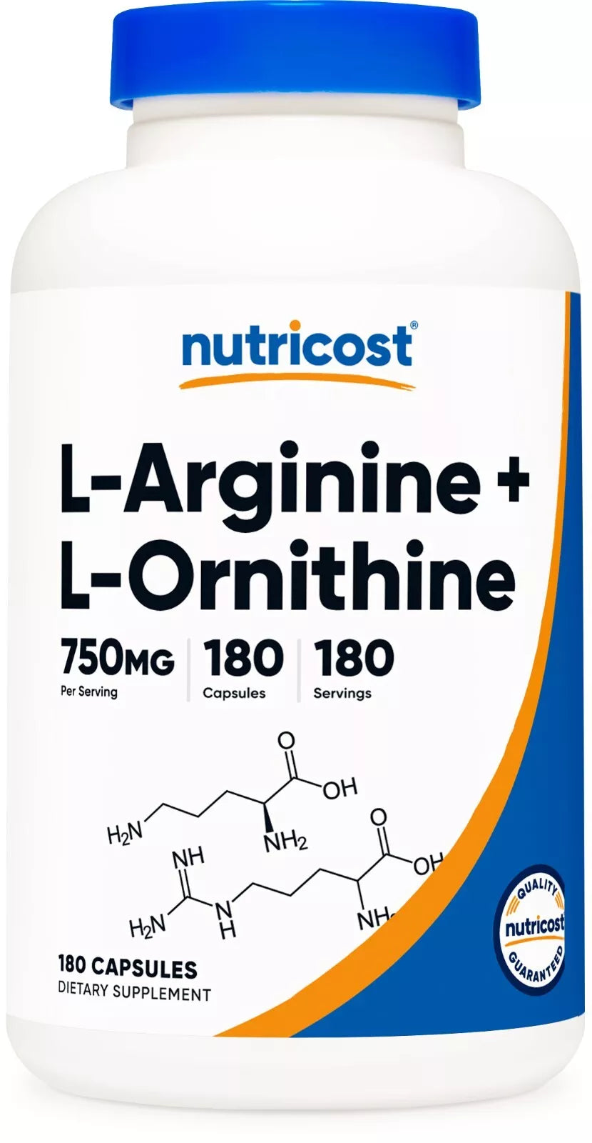 Nutricost L-Arginina + L-Ornityna 750mg – 180 kapsułek | Aminokwasy | Bez GMO, bezglutenowy