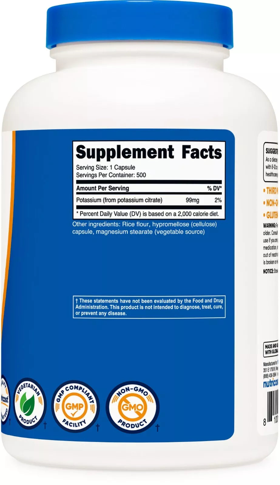 Nutricost Cytrynian Potasu 99mg – 500 kapsułek | Minerał | Bez GMO i glutenu