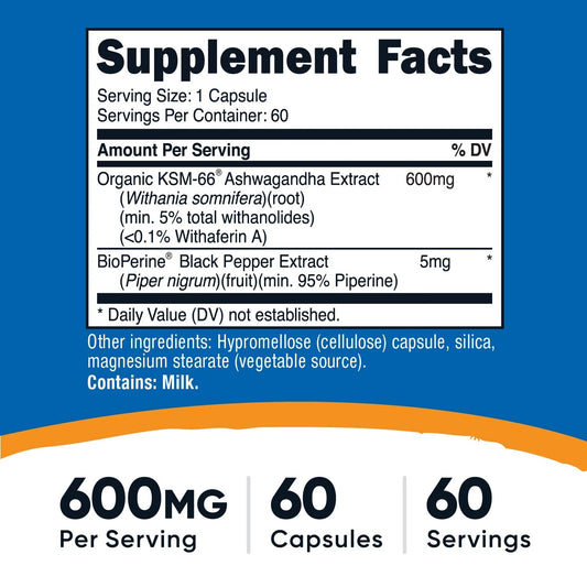 Nutricost KSM-66 Ashwagandha 600mg – 60 kapsułek | Wysoka zawartość witanolidów + BioPerine | Wegańskie, bezglutenowe, bez GMO