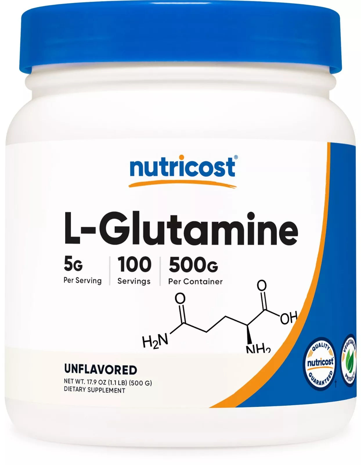 Nutricost L-Glutamina 500g – Czysty proszek | 100 porcji | Bez GMO i glutenu