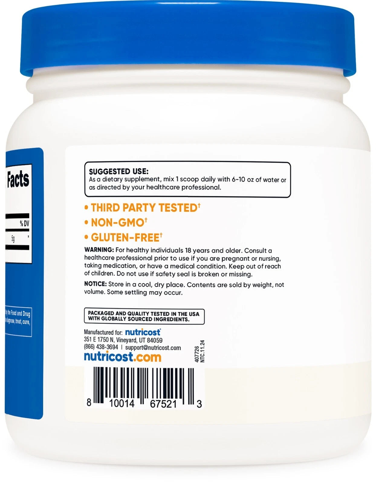 Nutricost L-Glutamina 500g – Czysty proszek | 100 porcji | Bez GMO i glutenu