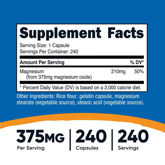 Nutricost Magnesium Oxide 375 mg – 240 capsules | High dose, pure form | GMO-free, gluten-free