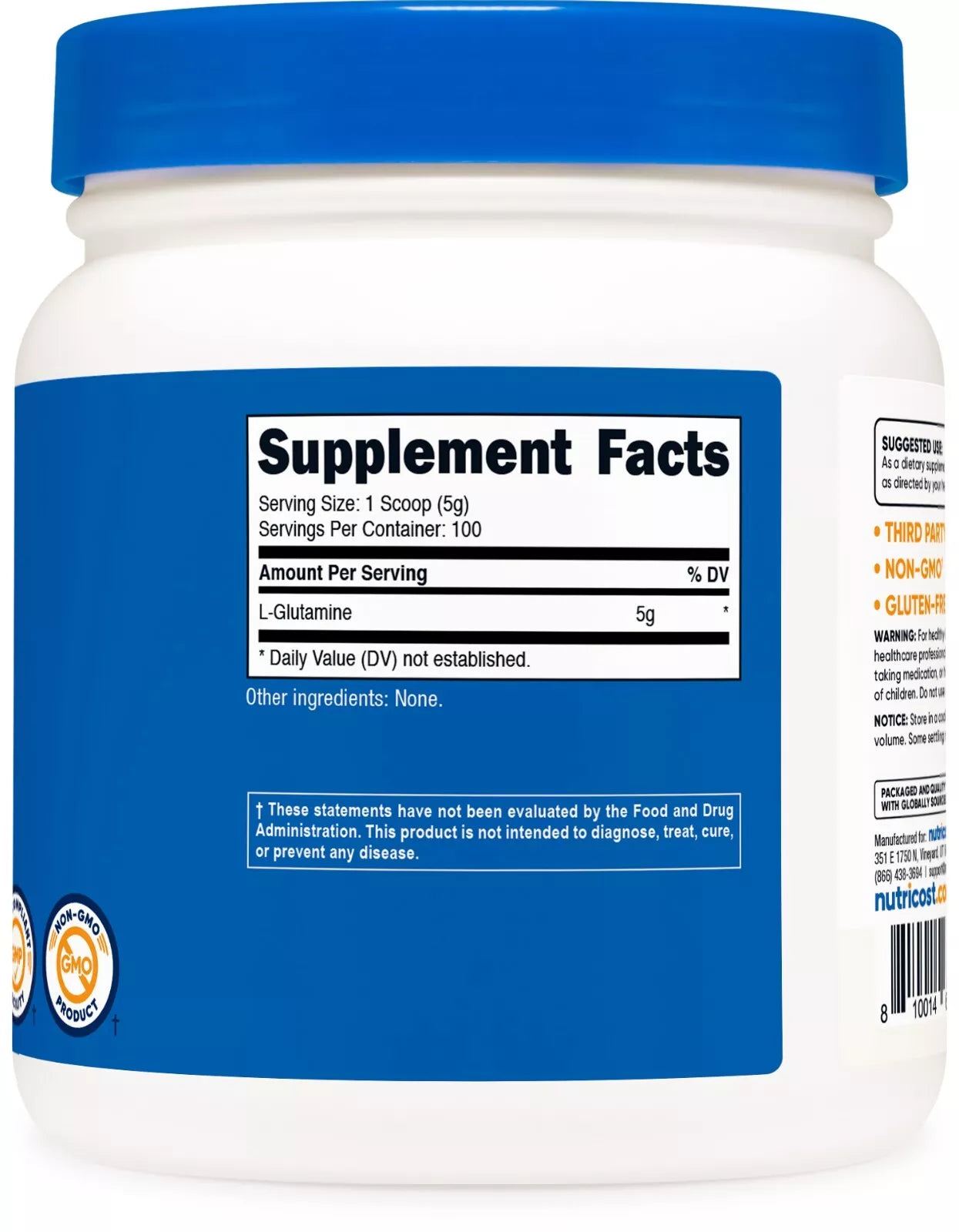 Nutricost L-Glutamina 500g – Czysty proszek | 100 porcji | Bez GMO i glutenu