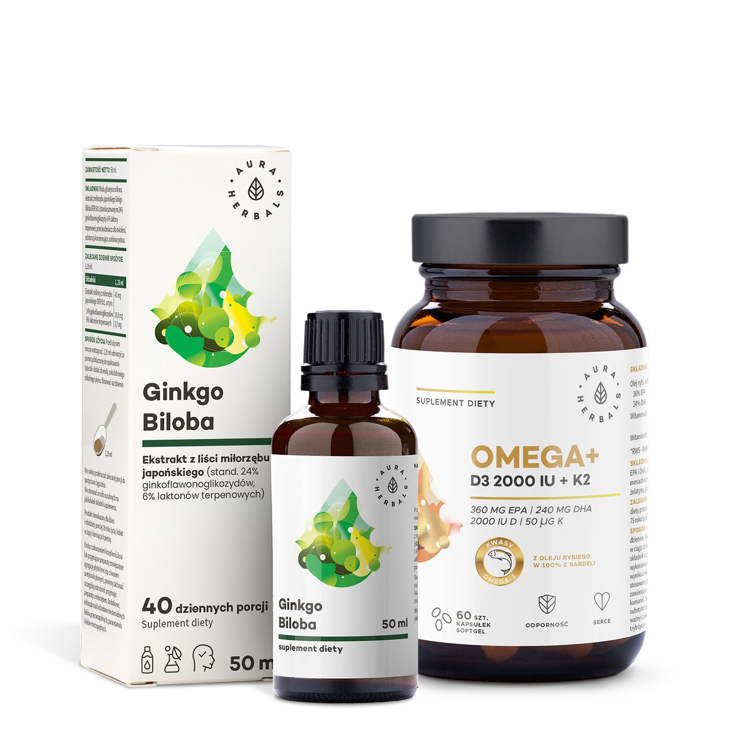 Zestaw dwóch produktów: Ginkgo Biloba + Omega+ Witamina D3 2000 IU + K2 Zestaw PAMIĘĆ Aura Herbals