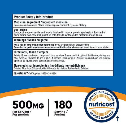 Nutricost L-Tyrozyna 500mg – 180 kapsułek | Kuracja na 6 miesięcy | Bez GMO i bezglutenowy