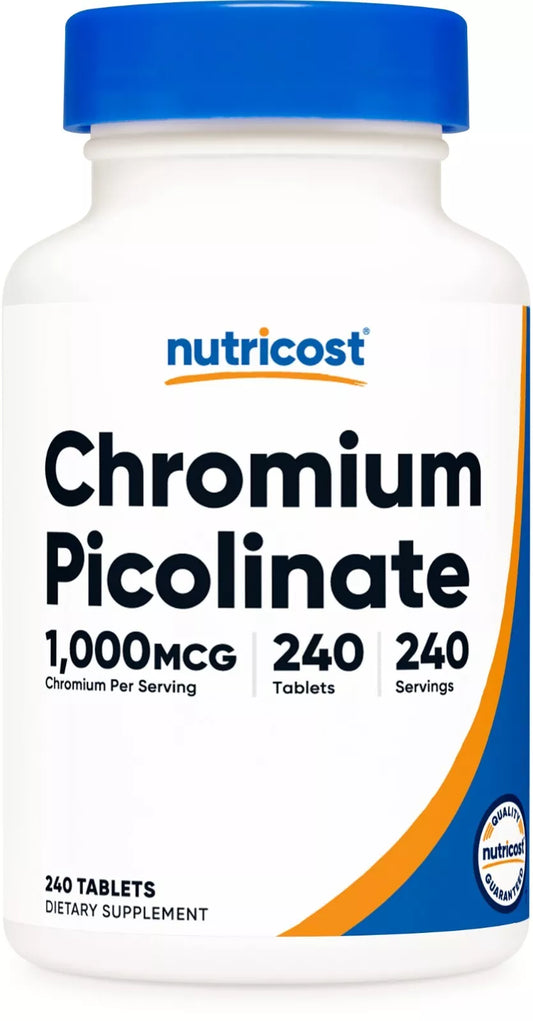 Nutricost Chrom 1000mcg – 240 tabletek | Pikolinian chromu | Bez GMO, bez soi, bez glutenu