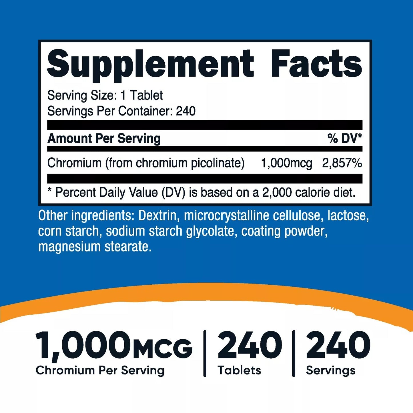 Nutricost Chrom 1000mcg – 240 tabletek | Pikolinian chromu | Bez GMO, bez soi, bez glutenu
