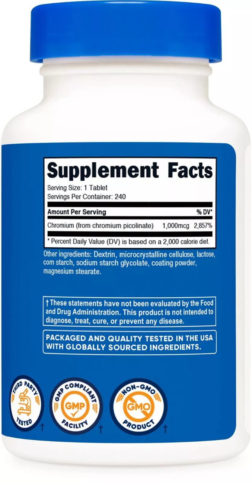 Nutricost Chrom 1000mcg – 240 tabletek | Pikolinian chromu | Bez GMO, bez soi, bez glutenu