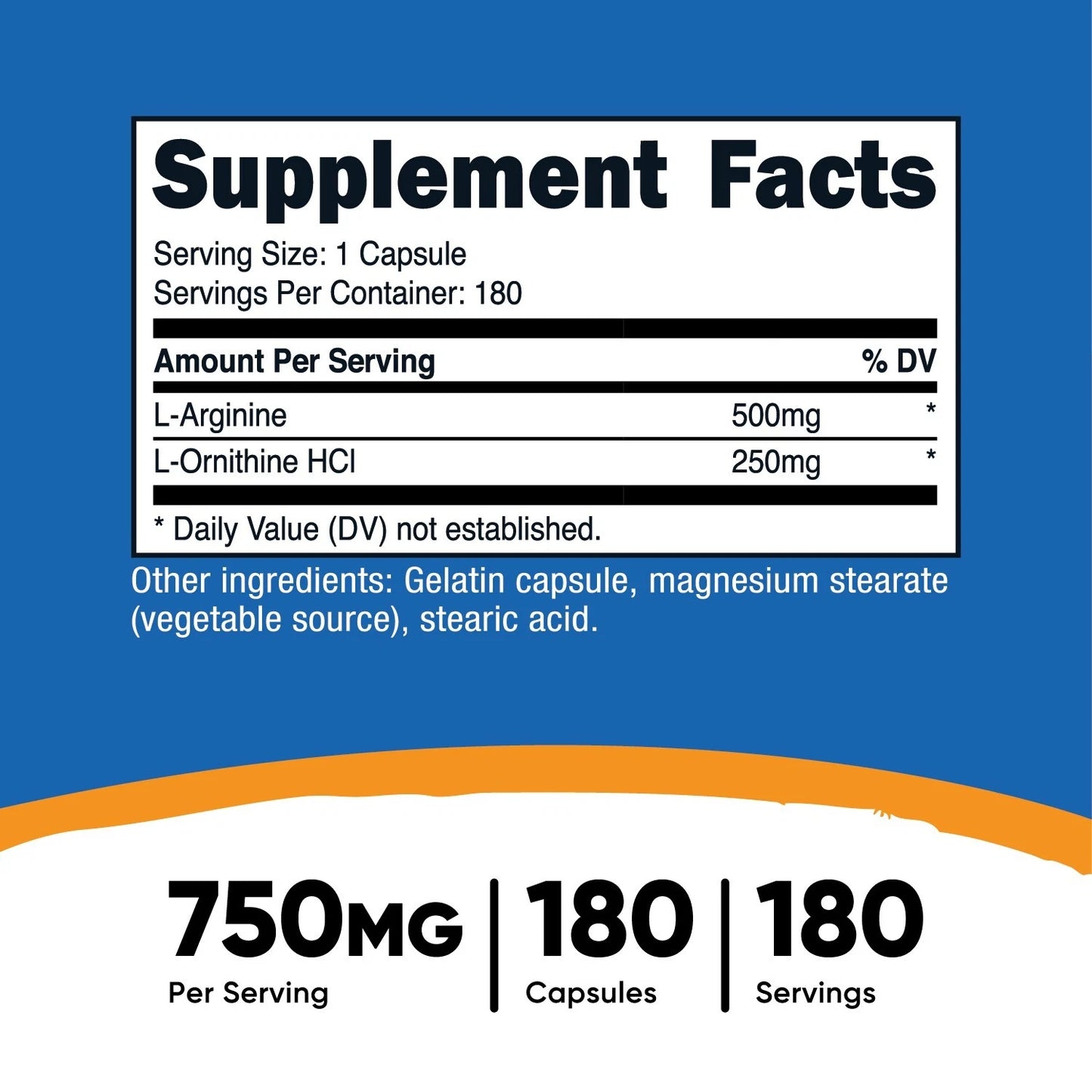 Nutricost L-Arginina + L-Ornityna 750mg – 180 kapsułek | Aminokwasy | Bez GMO, bezglutenowy