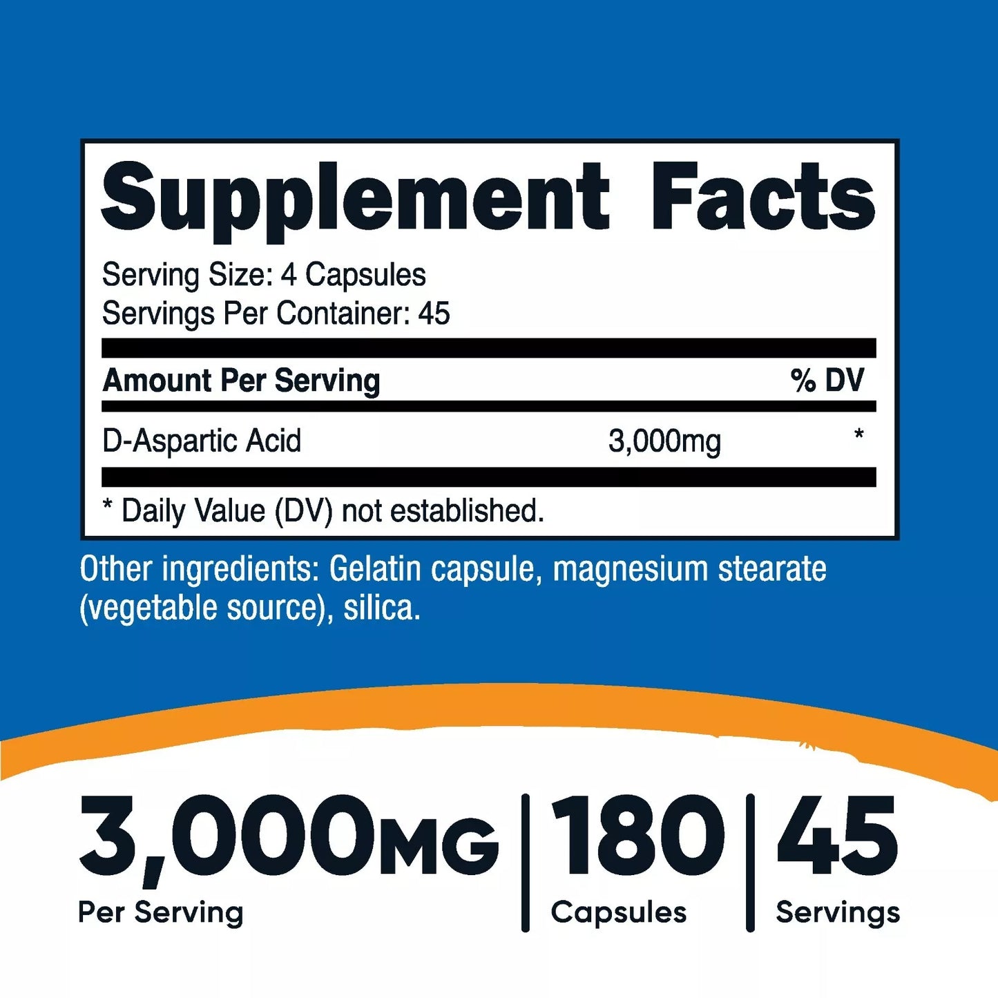 Nutricost Kwas D-asparaginowy DAA 3000mg – 180 kapsułek | Aminokwas | Bez GMO i glutenu