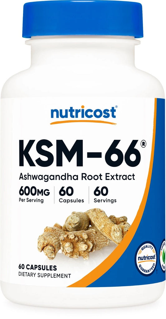 Nutricost KSM-66 Ashwagandha 600mg – 60 kapsułek | Wysoka zawartość witanolidów + BioPerine | Wegańskie, bezglutenowe, bez GMO