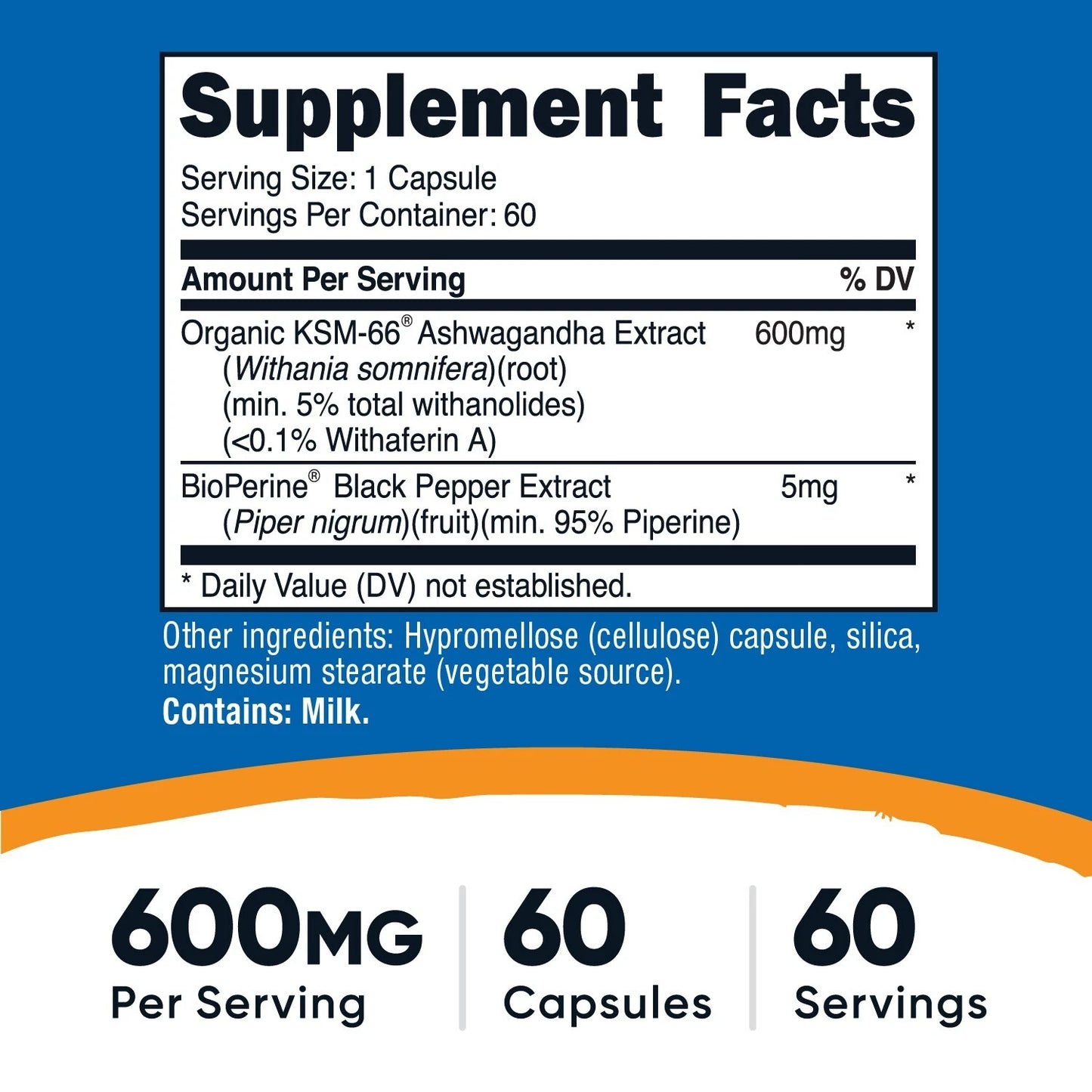 Nutricost KSM-66 Ashwagandha 600mg – 60 kapsułek | Wysoka zawartość witanolidów + BioPerine | Wegańskie, bezglutenowe, bez GMO