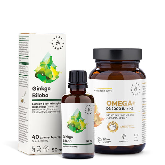 Zestaw dwóch produktów: Ginkgo Biloba + Omega+ Witamina D3 2000 IU + K2  Zestaw PAMIĘĆ Aura Herbals