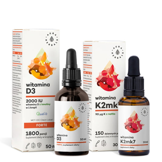 Witamina K2MK7 krople (30ml) Składniki aktywne w dziennej porcji	6 kropli	RWS Witamina K	90 µg	120% Witamina D3 FORTE (2000IU) MCT-Oil krople (50ml) Składniki aktywne w dziennej porcji	1 kropla	RWS Witamina D	50 µg (2000 IU)	1000%