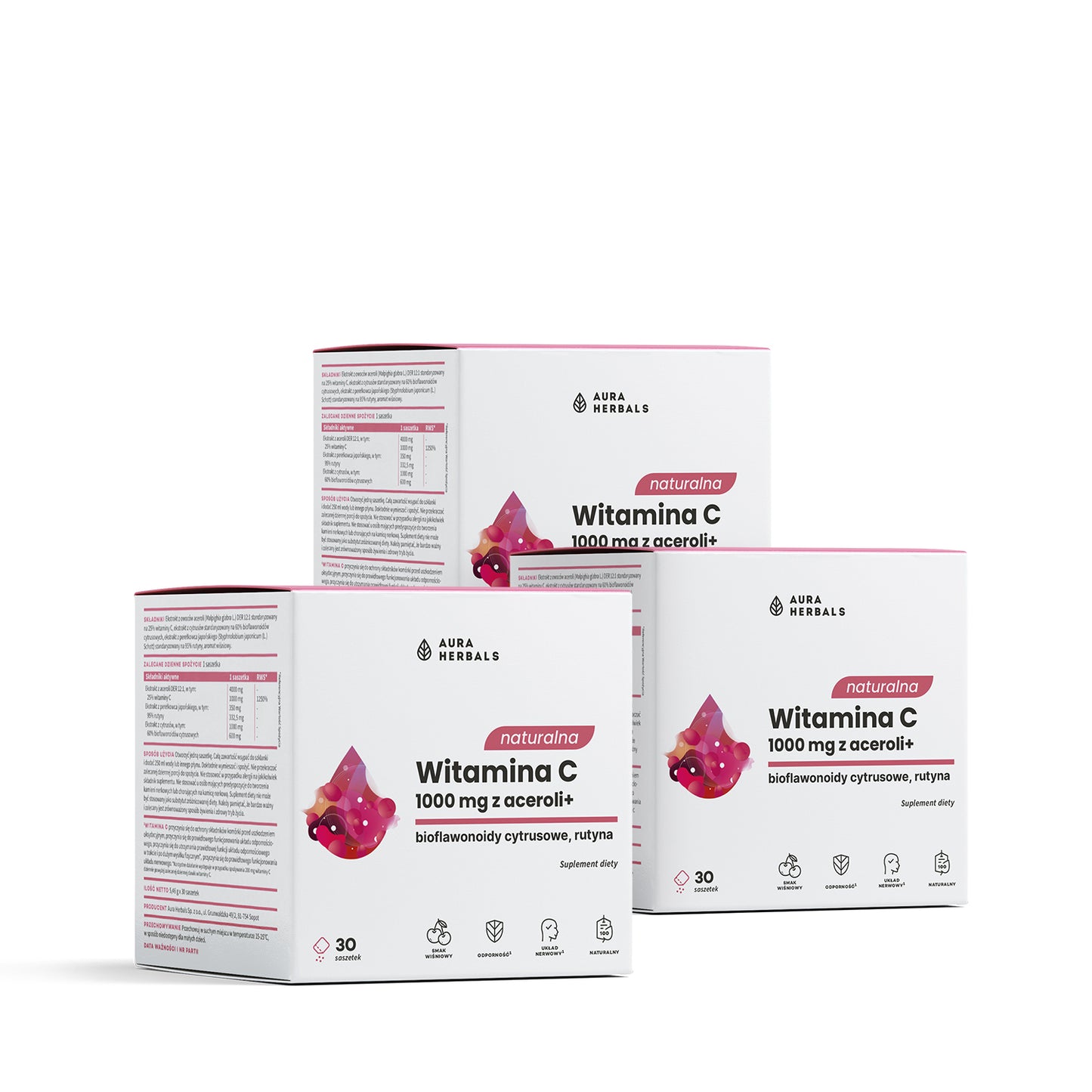 Witamina C + rutyna + bioflawonoidy cytrusowe Suplement diety w formie saszetek 3 x 30 dziennych porcji  Zestaw Naturalna witamina C z aceroli na 3 miesiące
