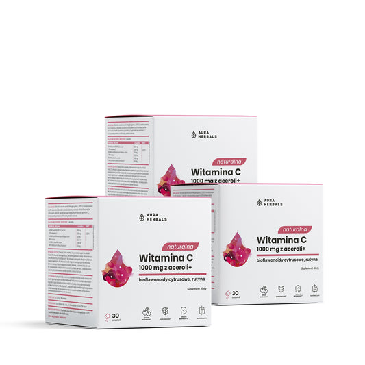 Witamina C + rutyna + bioflawonoidy cytrusowe Suplement diety w formie saszetek 3 x 30 dziennych porcji  Zestaw Naturalna witamina C z aceroli na 3 miesiące